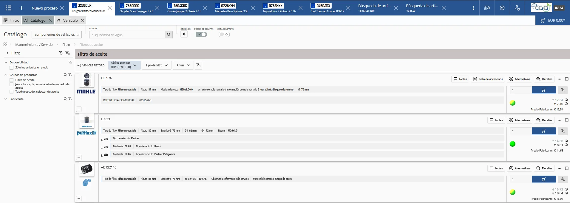 Vista del catálogo CAT CGA con búsqueda por vehículo, stock y precios